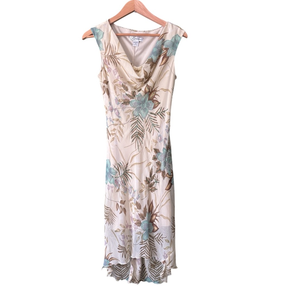 Dress Barn Cream Floral Midi Dress with Teal Accents